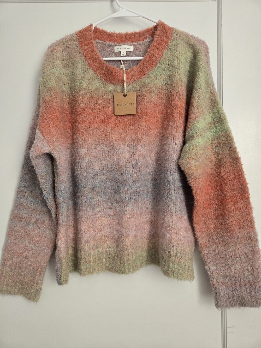 Blu Pepper Multicolor Fuzzy Gradient Crewneck Sweater — Coral, Green & Lavender